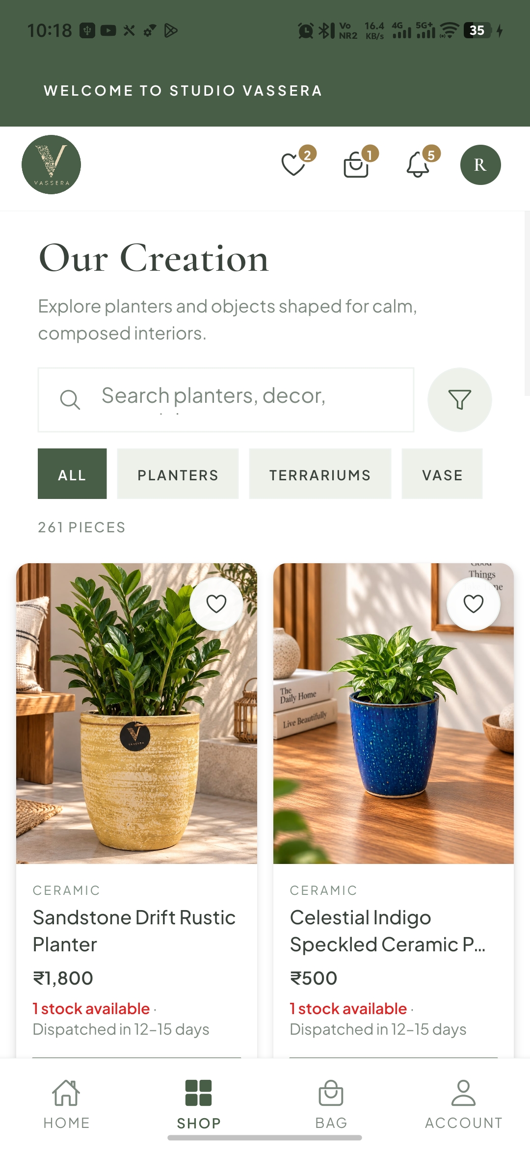 Vassera app collection browsing screen during development